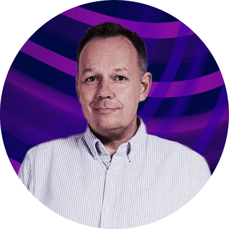 Digital portrait of Juha Saarinen, Principal Consultant at Columbia Road, with an abstract background in shades of purple.