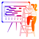 Illustration of a person standing on a ladder, interacting with a large presentation board showing a project or task timeline, depicted in a colourful gradient style.