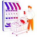 Illustration of a person shopping, standing near a shopping trolley filled with items and browsing products on a store shelf, depicted in a colourful gradient style.