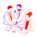 Illustration of three people in business attire enthusiastically joining hands over a table, symbolising teamwork and collaboration, depicted in a colourful gradient style.