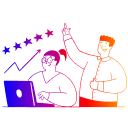 Illustration of two people collaborating, one sitting at a laptop and another standing, pointing upwards, accompanied by symbols of rising performance and a five-star rating, depicted in a colourful gradient style.
