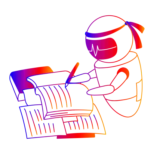 Illustration of a robot writing in an open book, representing the implementation and training of AI agents.