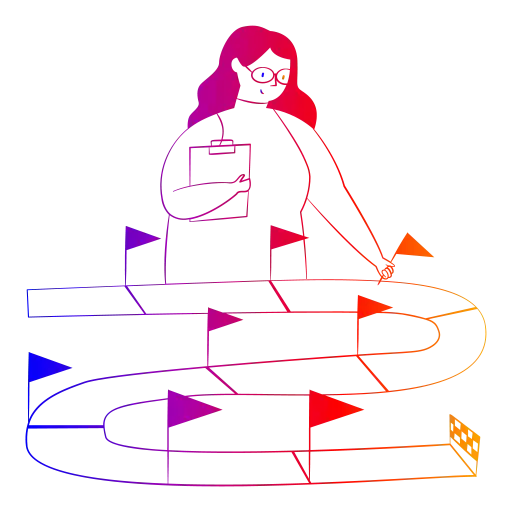 Stylised icon of a person with glasses and a clipboard guiding a winding path marked with flags, symbolising an AI roadmap and strategic planning.